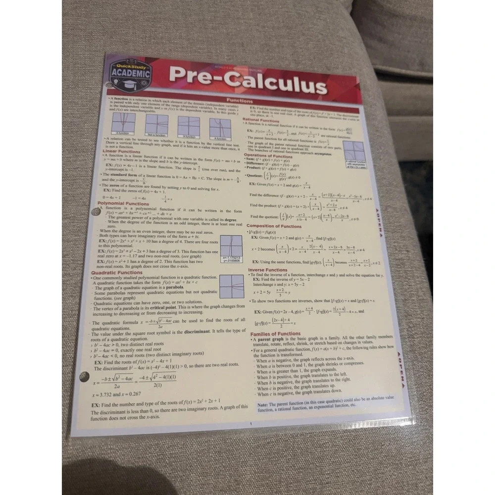 QuickStudy Academic Pre-Calculus Laminated Study Guide BarCharts Reference Guide